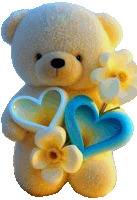 a teddy bear is holding two blue hearts and yellow flowers