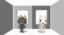 a black cat and a white cat standing next to each other