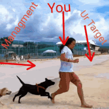 a picture of a woman running with a dog with the words " you ur target " written in red