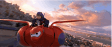 a cartoon character is riding on the back of a big hero 6 robot