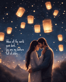 a painting of a man and a woman with lanterns floating in the sky above them