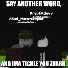a meme that says " say another word and ima tickle you zhark "