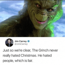 a picture of a grinch next to jim carrey 's tweet