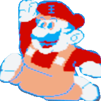 a pixelated image of a cartoon character with a red hat that says h on it