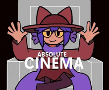 a cartoon character is sitting in a chair with her hands up and the words `` absolute cinema '' .