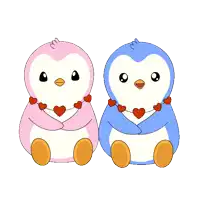 a pink penguin and a blue penguin are hugging each other
