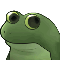 a green frog with big eyes looks up at something