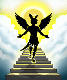 a cartoon drawing of an angel walking up stairs