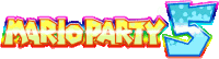 a colorful logo for mario party 5 with a blue arrow