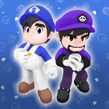 two cartoon characters are standing next to each other with one wearing a purple hat with a skull and crossbones on it