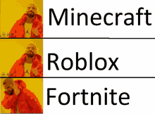 a man in an orange jacket points to the words minecraft roblox and fortnite on a yellow background