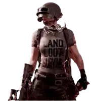 a woman wearing a helmet and a shirt that says " and loot survive "