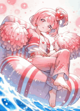a girl with pink wings and a heart in her hair is sitting on a raft in the water