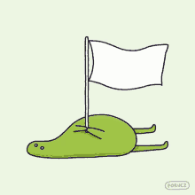 a drawing of a crocodile laying down with a white flag hanging from it