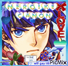 a picture of a boy with blue hair is surrounded by hearts and says mercike canon