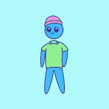 a blue alien wearing a pink hat and a green shirt is standing on a blue background .