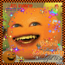 a picture of an orange with a smiley face and the words " good morning wonderful day "