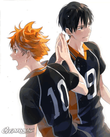 a drawing of two anime characters with the number 10 on their shirts