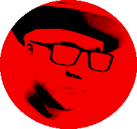 a red circle with a man wearing glasses and a hat