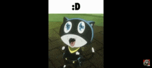 a black and white cat with blue eyes is standing on a sidewalk with the letter d above it