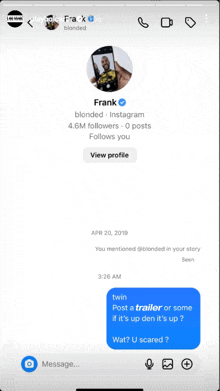 a phone screen shows a conversation between frank and twin