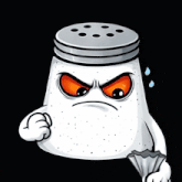 a salt shaker has an angry face and is holding a bag
