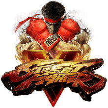 a man wearing red boxing gloves is standing in front of a street fighter 5 logo .