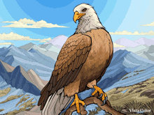 a drawing of a bald eagle sitting on a tree branch with mountains in the background