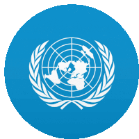 a blue circle with a laurel wreath and a globe in the center