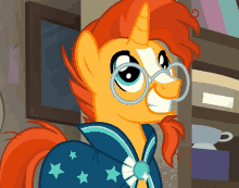 a cartoon pony wearing glasses and a blue jacket with stars on it