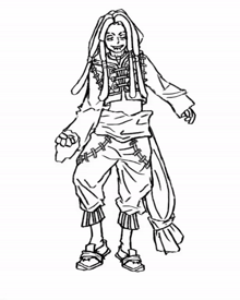 a black and white drawing of a person with long hair and a hooded jacket .