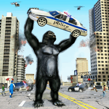 a gorilla is holding a police car over his head