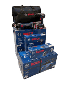 a stack of bosch tools including a bag