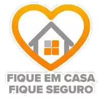 an orange heart with a house inside and the words fique em casa fique seguro below