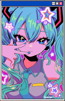 a colorful drawing of hatsune miku with stars on her head