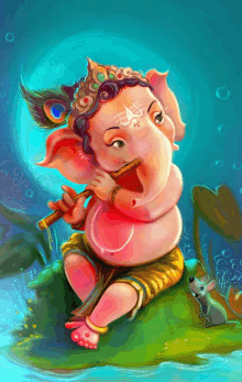 a painting of a baby elephant playing a flute with a peacock feather on his head