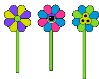 three different colored flowers with green stems on a white background including one with an eye