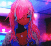 a girl with pink hair is wearing a heart shaped necklace