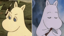 two pictures of a cartoon character holding a knife and a hammer