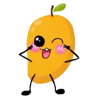 a cartoon drawing of a mango with arms and legs making a funny face