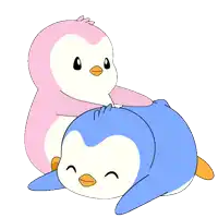 a pink penguin laying on top of a blue penguin on a white background