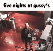 a man standing in a room with the words five nights at gussy 's written above him