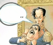 a cartoon of a man holding another man 's neck with a speech bubble that says > v