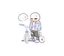 a drawing of a skeleton riding a tricycle with a speech bubble that says " ? "