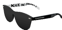 a pair of black and white sunglasses with the words kick and waste written on them