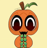 a cartoon drawing of a pumpkin with a green tail
