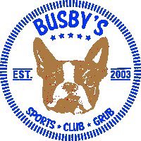 a logo for busby 's sports club grub with a boston terrier