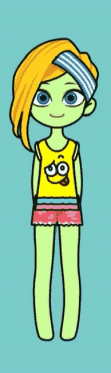 a cartoon girl wearing a yellow shirt with a smiling face on it