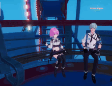 a girl with pink hair is sitting next to a boy with blue hair and the words demon slayers written on the bottom