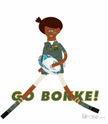 a cartoon drawing of a rugby player holding a rugby ball and the words go-bokke